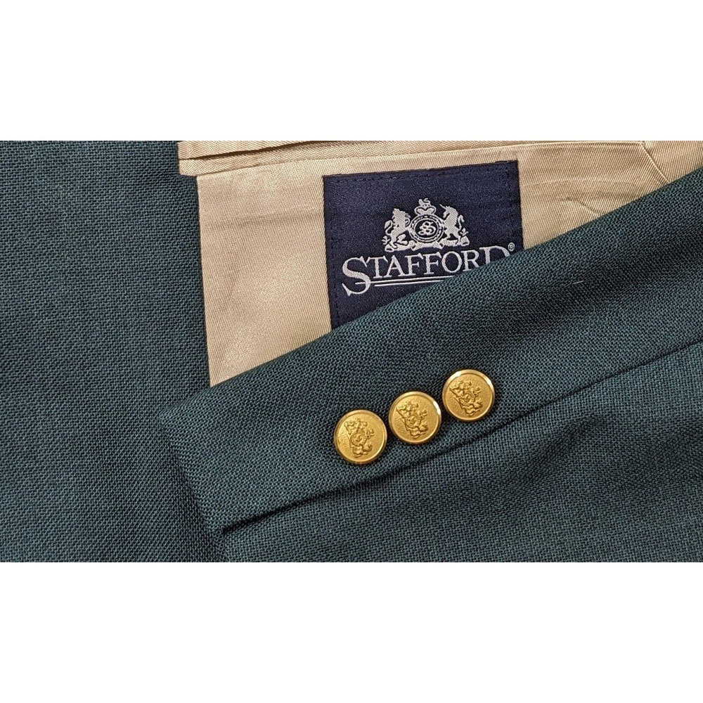 Stafford Blazer Sport Coat Travel Jacket Wool Blend Gold Metal Buttons 43R Green